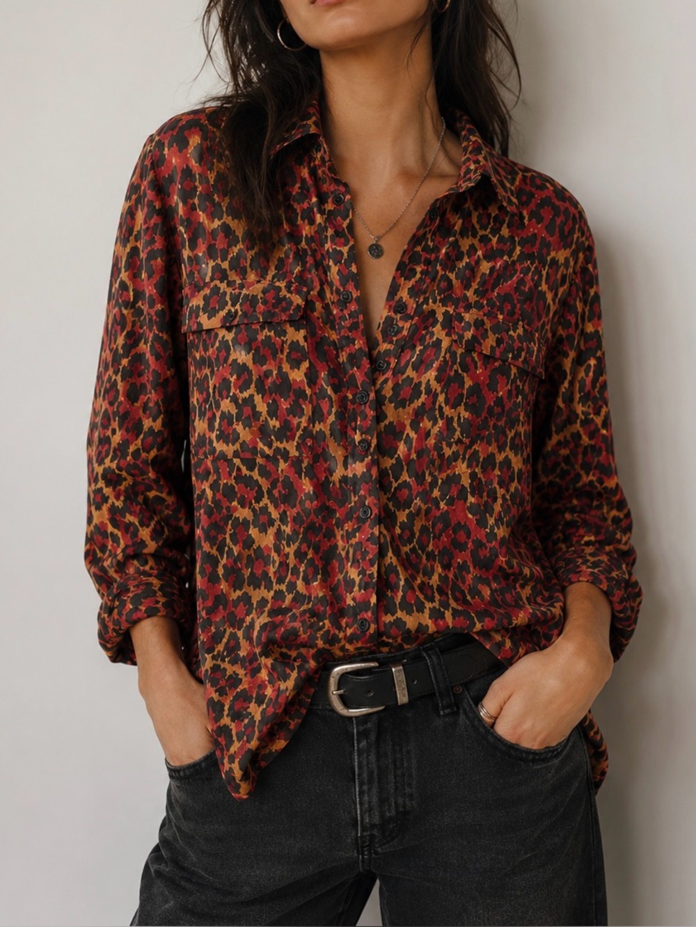 NEXX New York 100% Silk Leopard Print Button Down Blouse Size XL